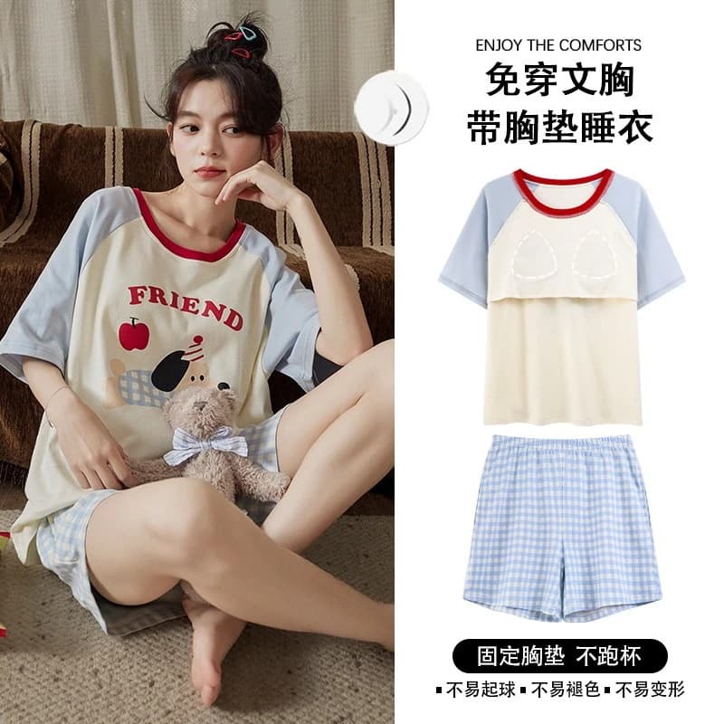 Bộ Đồ Ngủ Nữ Có Miếng Lót Ngực Cotton Nhẹ Thoải Mái Có Thể Thở Tốt Quần Short Tay Ngắn Bộ Đồ Ngủ Bộ 2 Món Có Thể Mặc Bên Ngoài Không Áo Ngực Loungewear