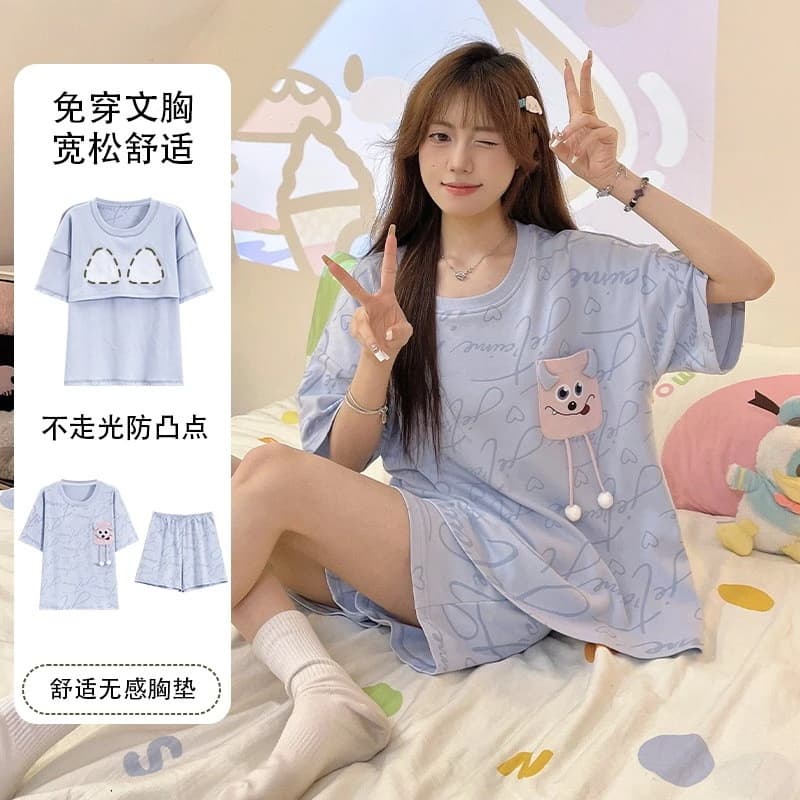 Phụ Nữ Có Miếng Lót Ngực Bộ Đồ Ngủ Nữ Homewear Quần Short Tay Ngắn Phong Cách Mỏng Mùa Hè Ngọt Ngào Dễ Thương Rời Kích Thước Lớn Thoáng Mát Thoải Mái Bộ Đồ Ngủ Hoạt Hình Đơn Giản Bộ 2 Món Không Quần Lót Có Thể Mặc Ra