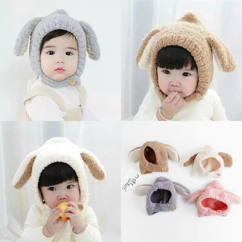Mũ len cho bé trai, bé gái lông cừu tai thỏ có cúc che kín tai