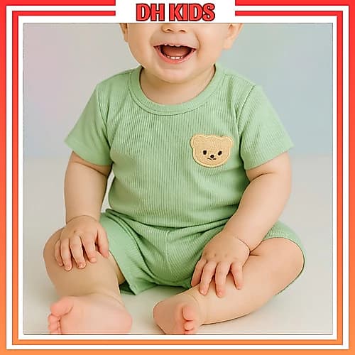 [B09] Bộ quần áo cộc tay gấu thun tăm lạnh co giãn 4 chiều cho bé trai bé gái từ 4 - 15kg  - DH KIDS