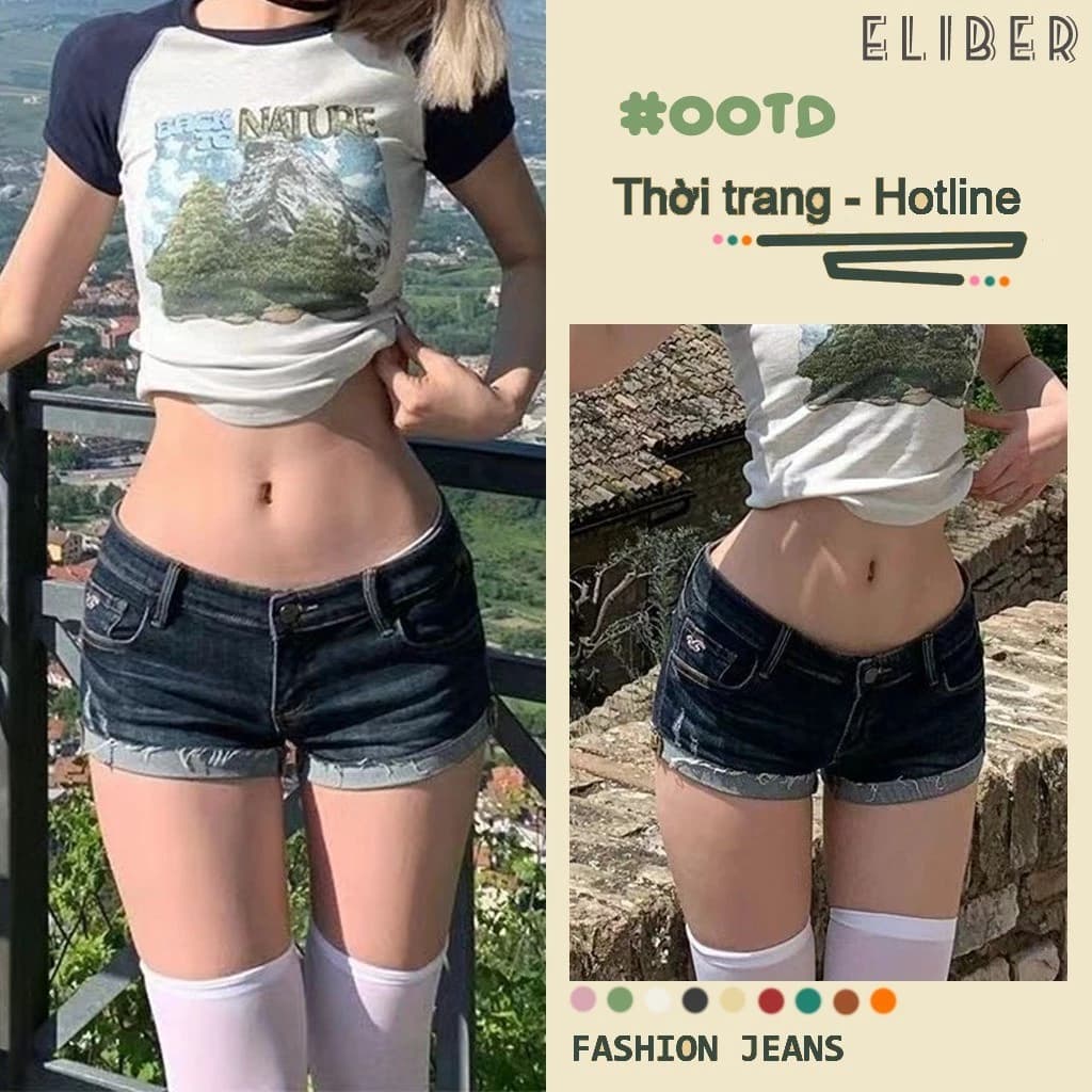 ELIBER- Quần short jeans nữ retro eo thấp, ôm dáng, lai gấu dễ mặc cho hè