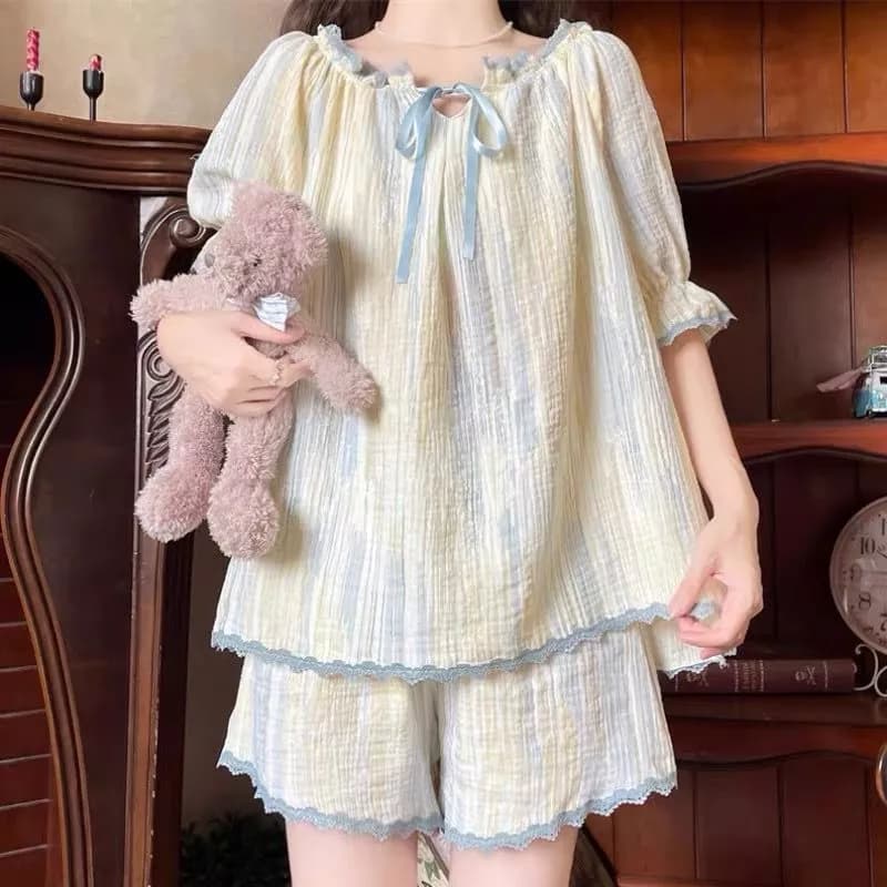 [Pre-Order]-Bộ đồ ngủ sọc tie-dye ngọt ngào cho phụ nữ mùa hè, phong cách công chúa mới, viền bèo xanh dương mẫu mới QC
