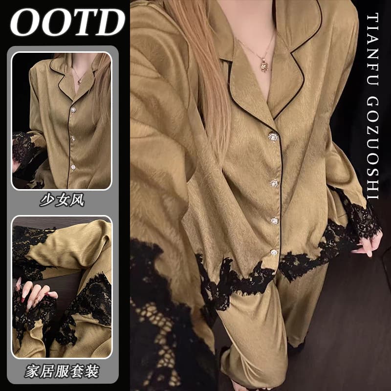 Pháp Sang Trọng Ren Viền Bộ Đồ Ngủ Nữ Dài Tay Quần Xuân Thu Ngoài Trời Loungewear Set