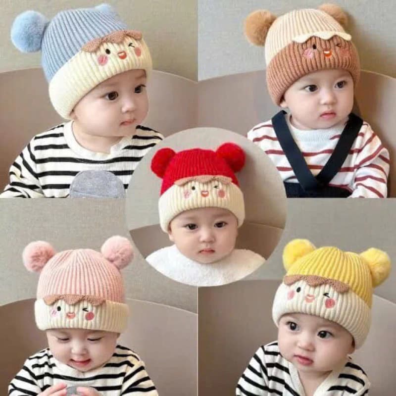 M102 mũ len 2 quả bông mặt gấu lót nỉ cho bé 1-3 tuổi