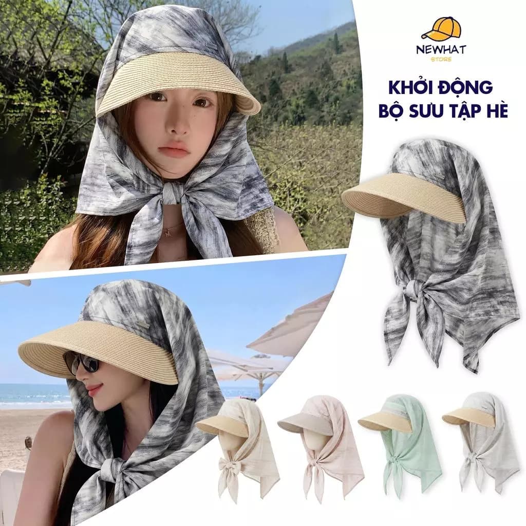 Mũ Chống Nắng Rộng Vành 2026 Kèm Khăn Lụa Sang Trọng - Chống Tia UV, Che Kín Cổ Gáy
