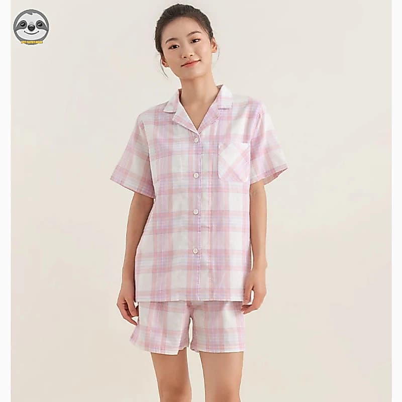 Phong cách Nhật Bản Muji Style / Cặp đôi kẻ sọc Cotton nguyên chất Quần short ngắn tay Loungewear / Nam Nữ Mùa hè mát mẻ Loungewear / Bộ đồ ngắn tay thoáng khí thoải mái