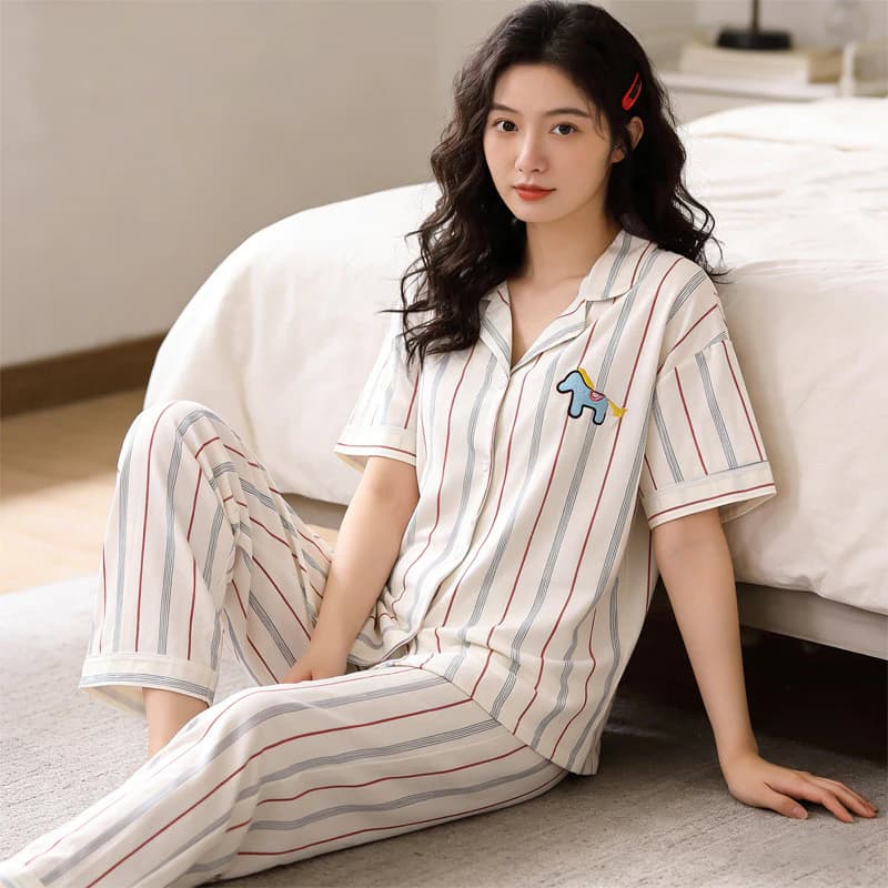 Lười Sọc Pony Quần Ngắn Tay Bộ Đồ Ngủ Phù Hợp Với Nữ Giả Cotton Casual Loungewear Nữ Có Thể Mặc Bên Ngoài