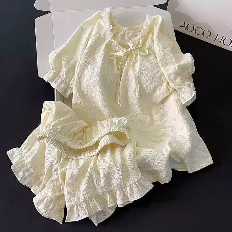 [Pre-Order]-Bộ đồ ngủ mỏng mùa hè có đệm ngực dành cho nữ, quần đùi ngắn tay bằng cotton mềm mại,  chuẩn hàng qc