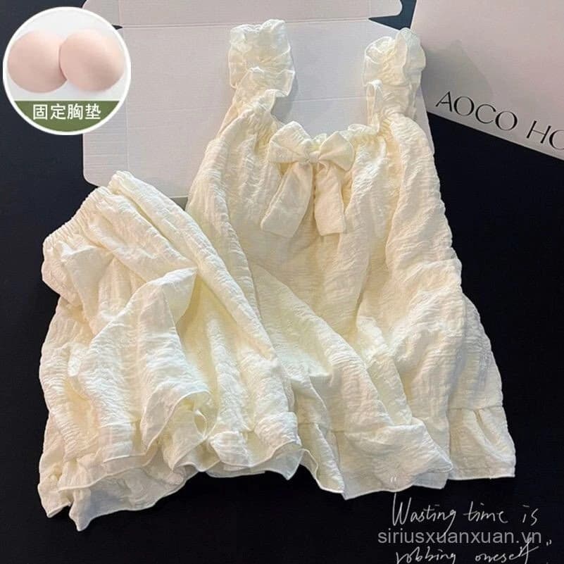 [-Order]-Đồ ngủ ren quả mơ ngọt ngào cho phụ nữ mùa hè với đệm ngực, dây đeo, phong cách Hàn Quốc, đơn giản,hàng qc