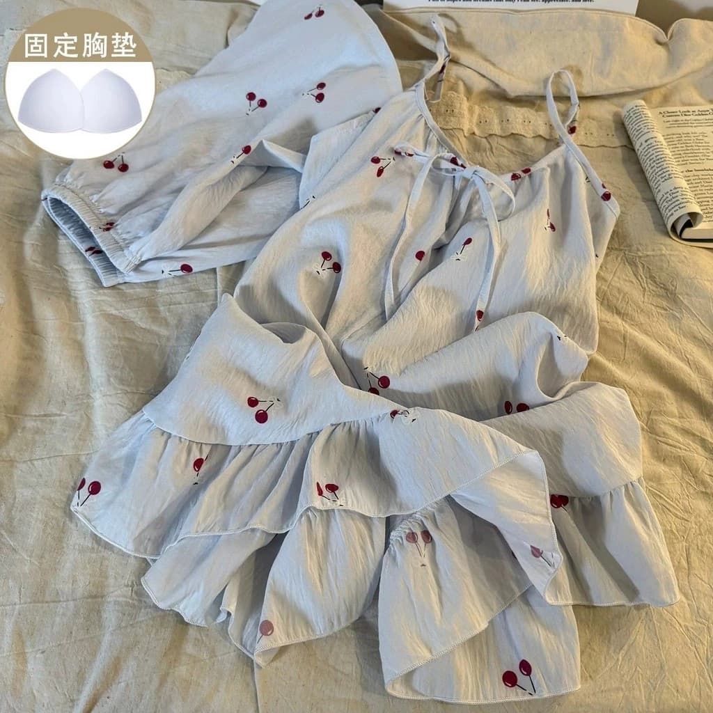 [-Order]-Pure Desire Cherry Print Sweet Bow Bộ Đồ Ngủ Nữ Có Miếng Lót Ngực Suspender Quần Short Rời Loungewear