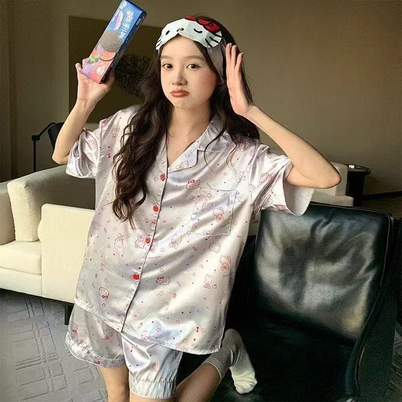 Bộ đồ ngủ nữ Ice Silk phong cách Hello Kitty, cỡ lớn, thoáng mát cho mùa hè