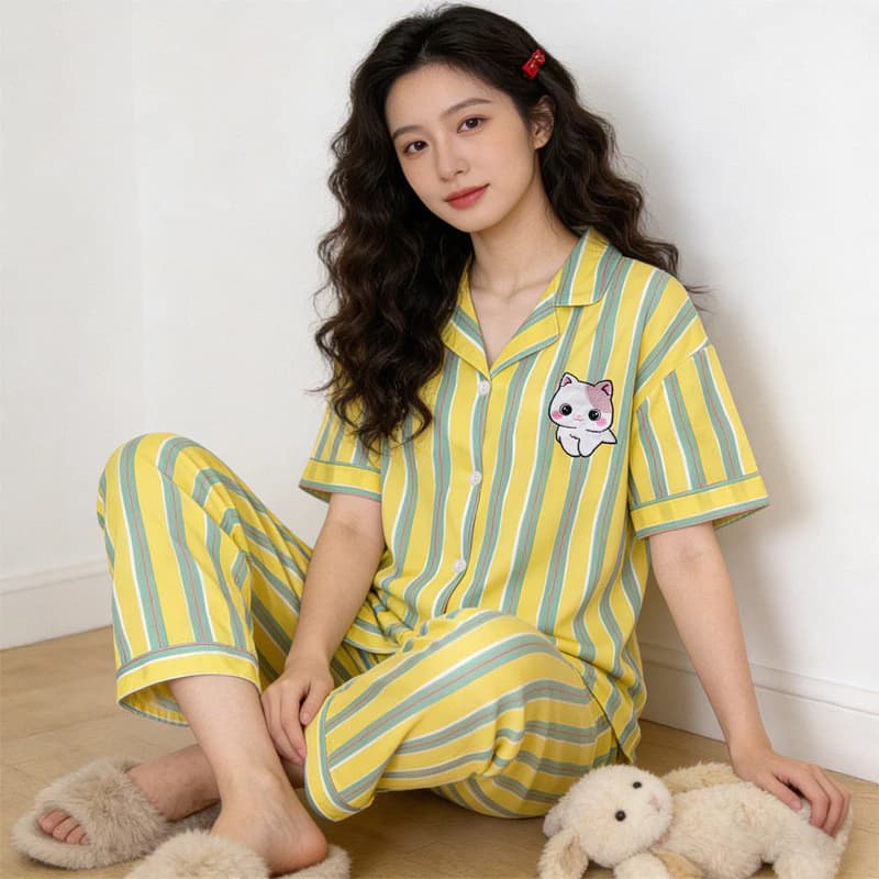 Phiên Bản Hàn Quốc Dễ Thương Mèo Con Quần Ngắn Tay Bộ Đồ Ngủ Nữ Sọc Rời Thường Ngày Loungewear Nữ