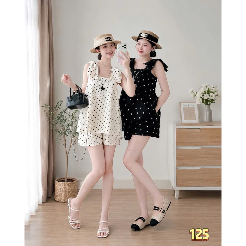 Set Bộ Nữ Ngắn Phối BI NƠ Vai Họa Tiết Chấm Bi Ngắn Cực Xinh Chất vài Mát Nhẹ THỜI TRANG MỚI LANO STORE
