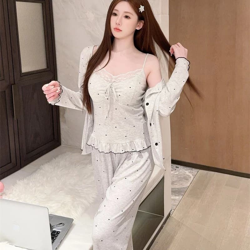 TEEFENG Bộ Đồ Ngủ Nữ Vải Modal Ren Viền Dài Tay Chấm Bi có Miếng Lót Ngực Hai Dây Thu Mặc Nhà