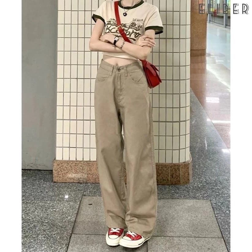 ELIBER- SẴN HÀNG - Quần Jeans Nữ Ống Suông Rộng Dáng Rủ Màu Be Tôn Dáng Thiết Kế Độc Đáo Phong Cách Hàn Quố