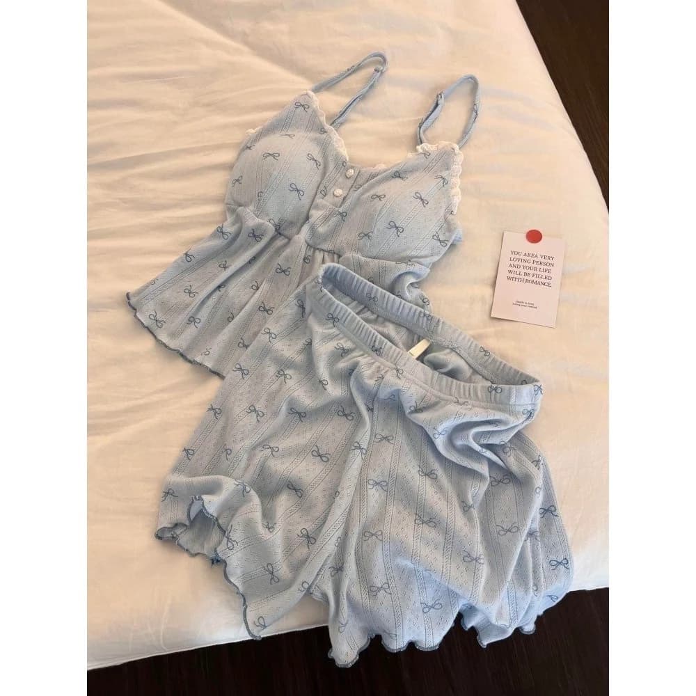 [-Order]-Nơ Pháp In Hình Sling Bộ Đồ Ngủ Nữ Ren Áo Quần Short Loungewear Suit Có Thể Mặc Bên Ngoài