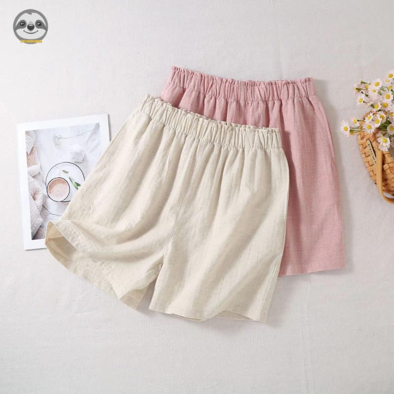 Quần short vải lanh Cotton nữ màu trơn / Quần nhà năm điểm mỏng mùa hè / Pyjama thông thường đơn giản / Quần short ngoài có thể mặc