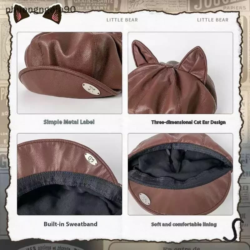 Pu da dễ thương Mèo Tai Mũ nồi cho phụ nữ rắn màu giản dị Newsboy cap cá nhân Mũ đạt đỉnh