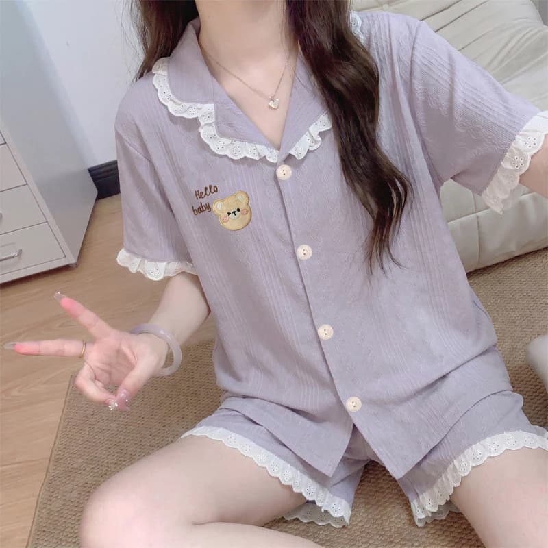 Giả Cotton Jacquard Mùa Hè Mỏng Bộ Đồ Ngủ Ren Nữ Gấu In Hình Dễ Thương Loungewear Nữ Bộ Đồ Ngủ