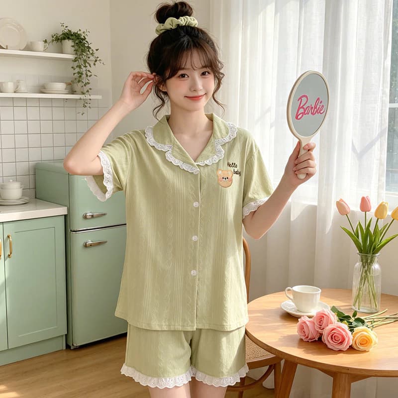 Gấu Thêu Bộ Đồ Ngủ Ren Nữ Mùa Hè Mỏng Tay Ngắn Bộ Đồ Ngủ Nhà Nữ