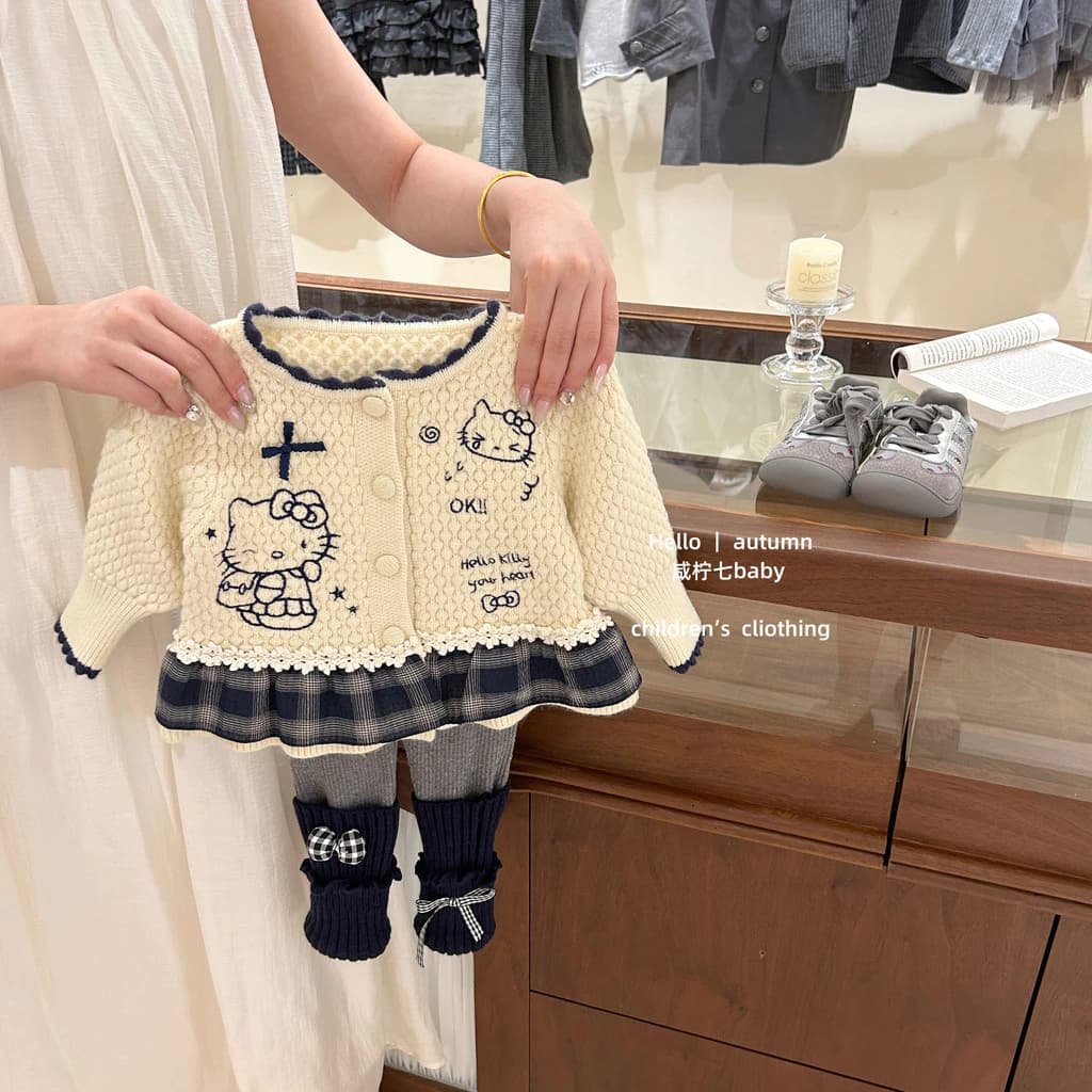 Áo len nữ cho bé mùa thu kt Mèo ren dệt kim Cardigan Girl Sweet Top Coat