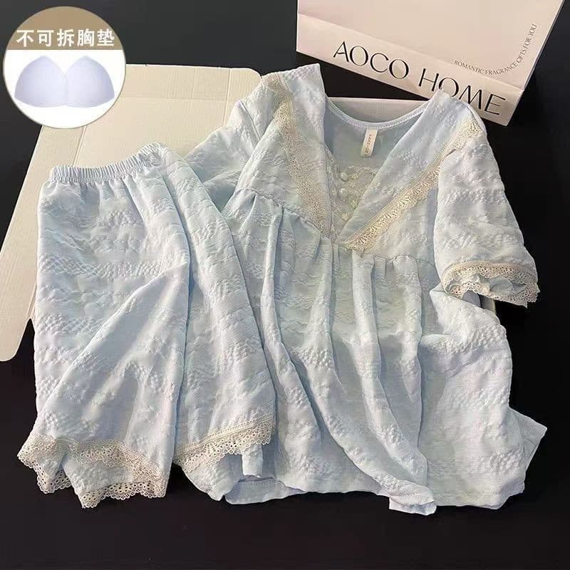 [-Order]-Đồ ngủ cỡ lớn cho phụ nữ, tay ngắn mới với đệm ngực, bộ đồ mặc nhà mùa hè hai mảnh có viền ren Mẫu mới hàng QC