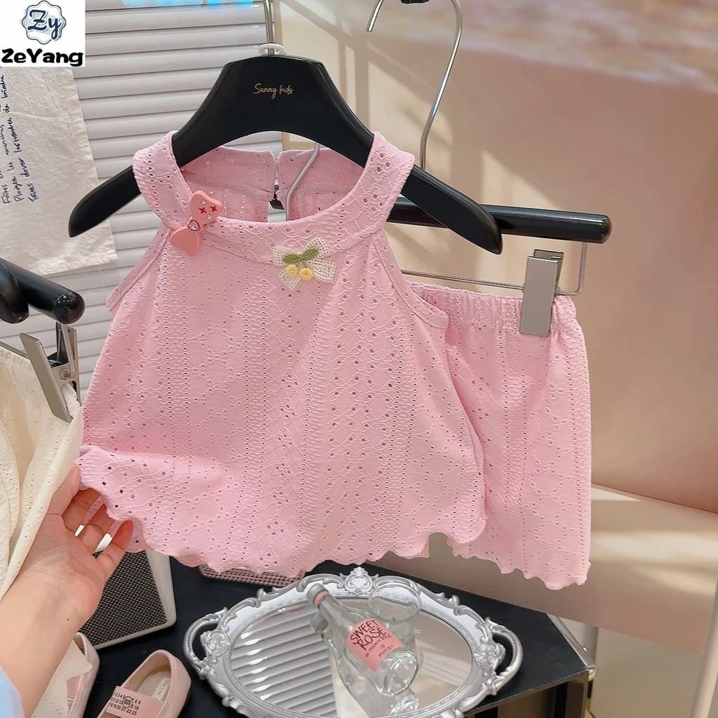 [ZY] 70-150 Bộ áo Vest thông thường dành cho trẻ em có ren thoáng khí Quần Short ngắn tay cho bé gái Bộ đồ không tay dễ thương Quần áo trẻ em thời trang Vận chuyển nhanh