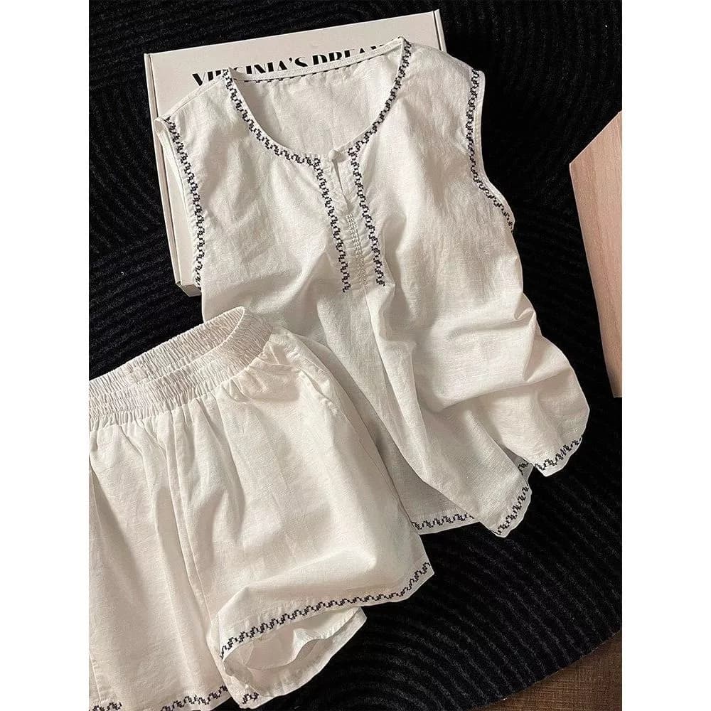 [-Order]-Bộ đồ ngủ nữ không tay ren thêu đơn giản màu trắng, thời trang mùa hè mỏng nhẹ, gồm áo ba lỗ  chuẩn hàng qc