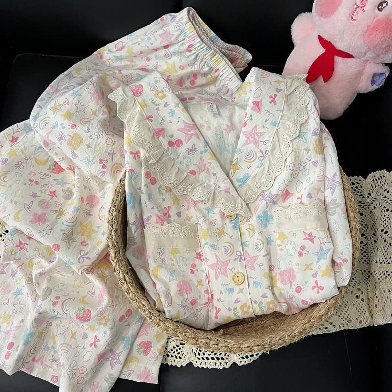 Bộ Đồ Ngủ Cotton Mây Nữ Xuân Thu Phong Cách Ngọt Ngào Quần Dài Tay Rời Loungewear Phù Hợp Với
