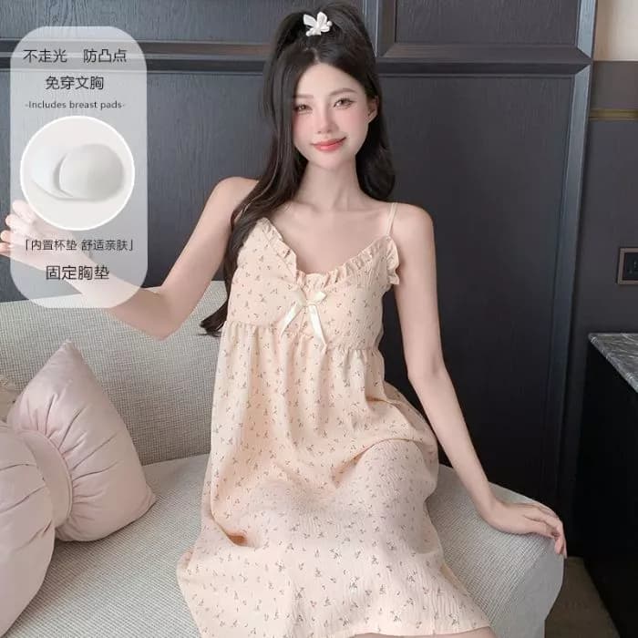 Có Miếng Lót Ngực Bộ Đồ Ngủ Nữ Váy Ngủ Sling Cloud Cotton Nhẹ Thoải Mái Tốt Có Thể Thở Không Tay Mùa Hè Ngọt Ngào Dễ Thương Thoáng Mát Rời Có Thể Mặc Bên Ngoài Quần Áo Gia Đình Nữ