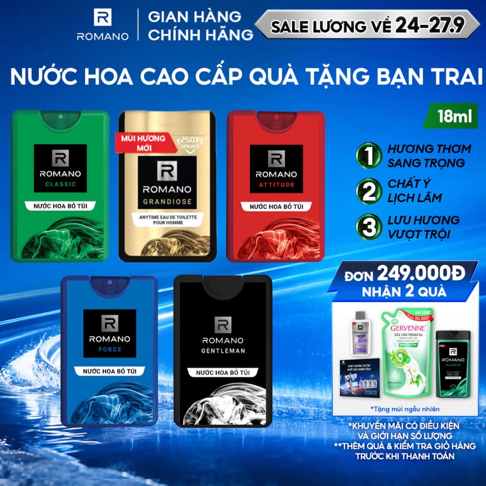 Nước hoa nam bỏ túi Romano hương Attitude/Classic/Force/Gentleman/Grandiose 18ml / chai