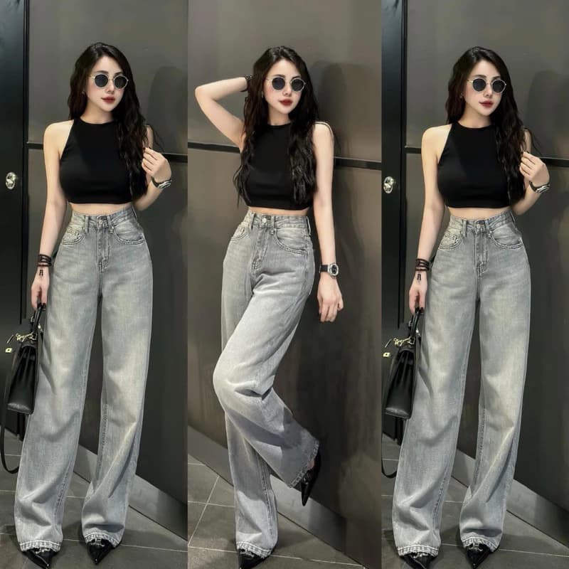 (S-2Xl) HHCHOU- Quần Jeans Suông Trơn Màu Bạc Mới Chất Jeans Vải Qc mềm H3456