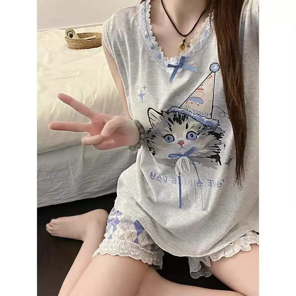 Bộ Đồ Ngủ Nữ Bộ Đồ Ngủ Mùa Hè Ánh Sáng Thoải Mái Có Thể Thở Tốt Quần Short Không Tay Bộ 2 Món Có Thể Mặc Bên Ngoài Hoạt Hình Dễ Thương Homewear