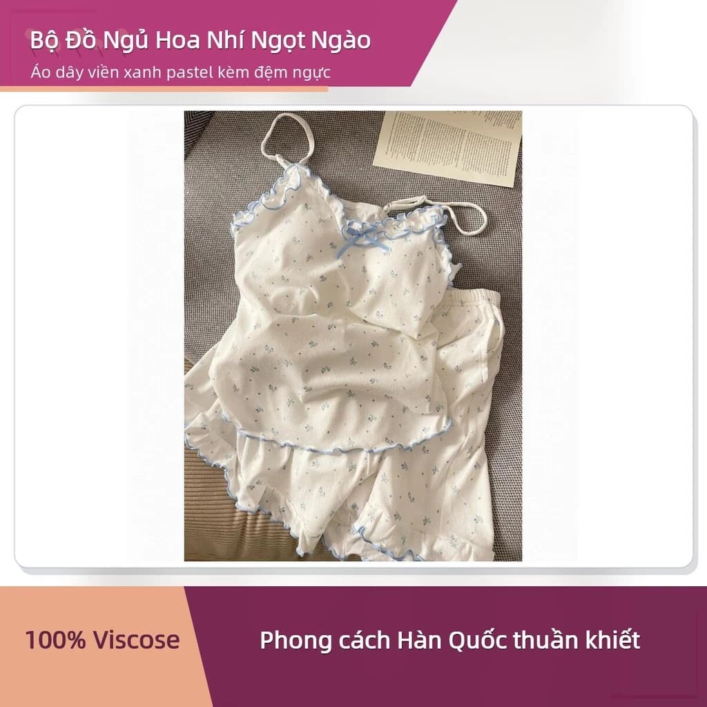 Bộ Đồ Ngủ Nữ Hai Mảnh Áo Dây Hoa Nhí Viền Xanh Bèo Nhún Kèm Đệm Ngực Quần Short ✨deerlu05.vn✨