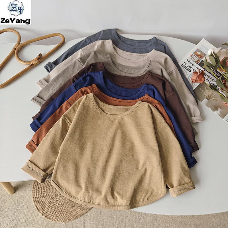 [ZY] 70-150 Hàng có sẵn Áo thun dài tay thông thường dành cho trẻ em Áo thun dáng rộng mùa thu đông cho bé Áo sơ mi đáy màu trơn phù hợp cho mọi trận đấu
