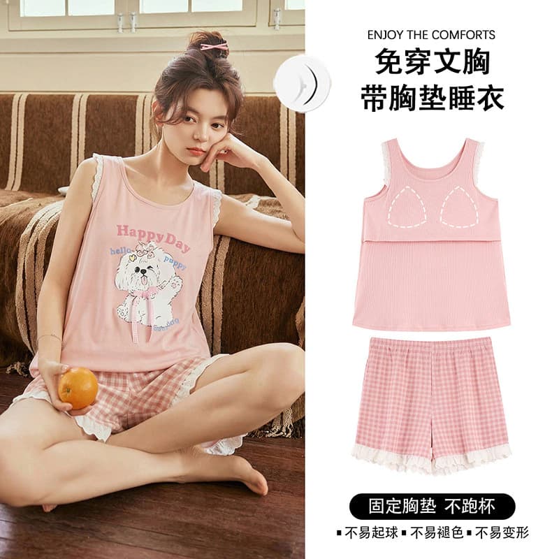 Bộ Đồ Ngủ Nữ Bộ Đồ Ngủ Mùa Hè Ánh Sáng Thoải Mái Có Thể Thở Tốt Quần Short Không Tay Bộ 2 Món Có Thể Mặc Bên Ngoài Hoạt Hình Dễ Thương Homewear