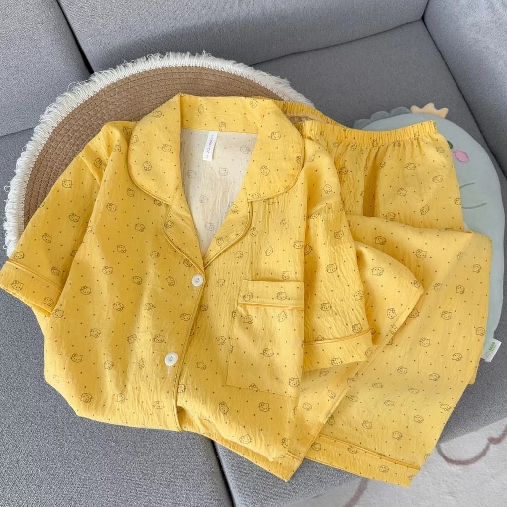 Bộ đồ ngủ nữ 3 món Pijama cotton Mềm mại thoải mái thoáng khí Thêu hoạ tiết dễ thương đồ mặc nhà 347