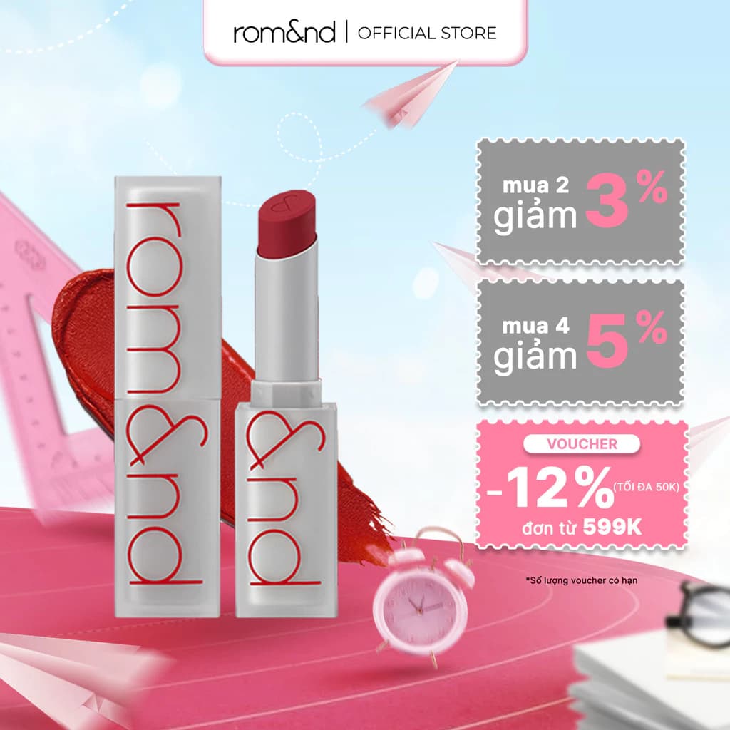 [Rom&nd] Son thỏi lì, lên màu siêu xinh Hàn Quốc Romand Zero Matte Lipstick 3g