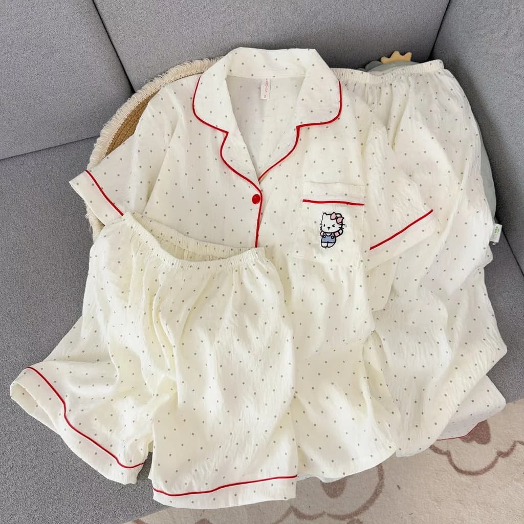 Bộ đồ ngủ nữ 3 món Pijama cotton Mềm mại thoải mái thoáng khí Thêu hoạ tiết dễ thương đồ mặc nhà 340