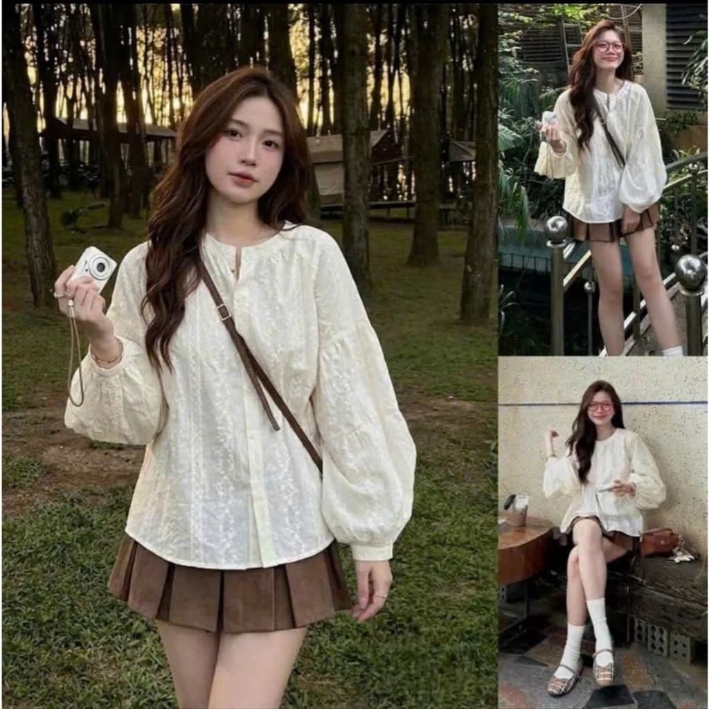 [Hàng sẵn ] Set áo thô boi mix chán váy xoè xếp li phong cách tiểu thư bánh bèo KAZY S384
