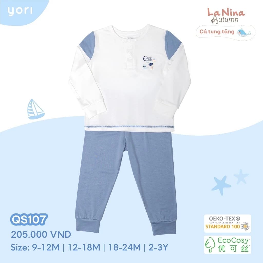 Bộ áo dài tay, cúc chéo cho bé Yori chất liệu EcoCosy, phối hoạ tiết đẹp cho bé hình ngộ nghĩnh