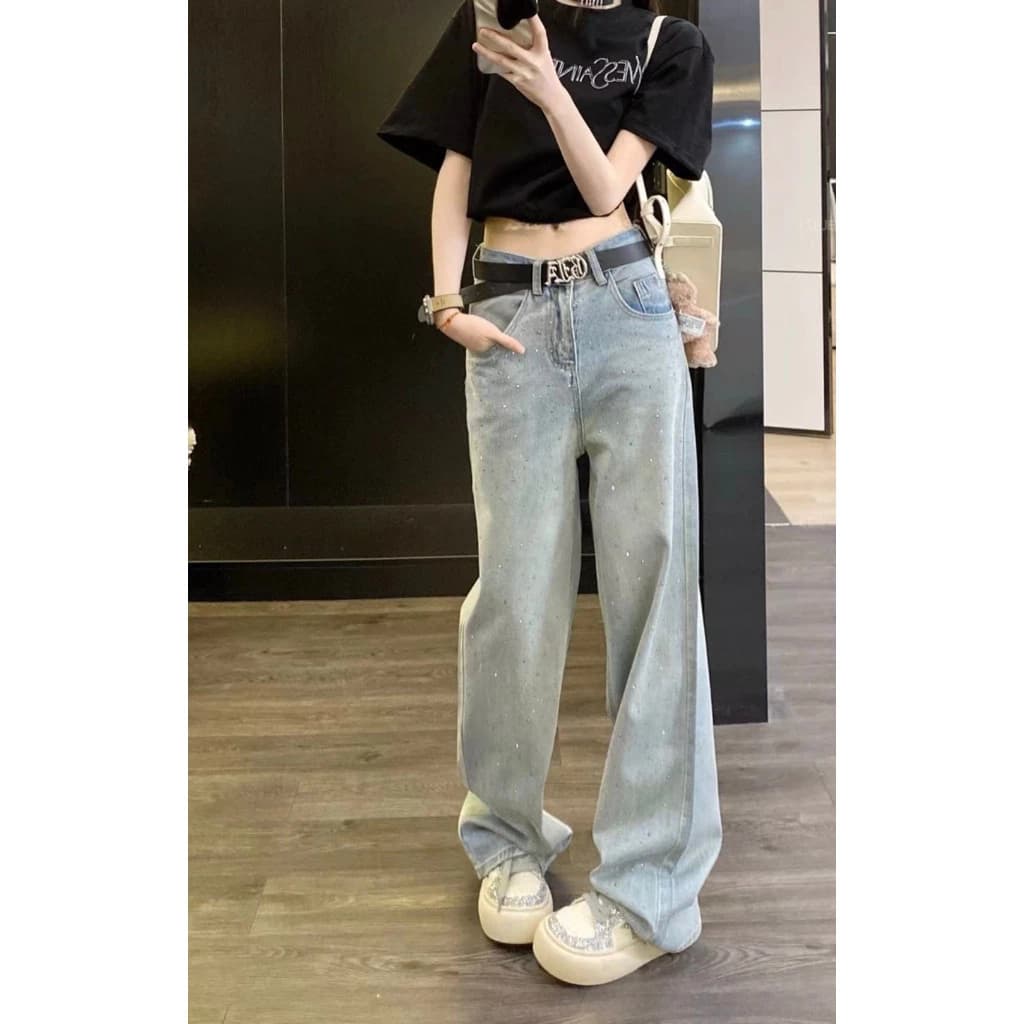 Quần jean nữ ống suông cạp cao đính full đá chất dày mịn washi xanh khói retro QC2688 Hottrend WJeans03
