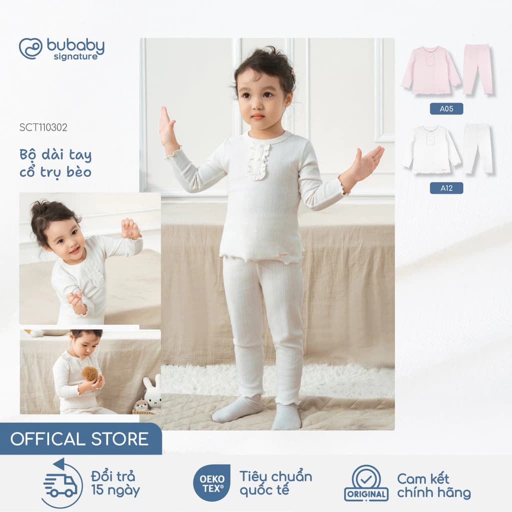 Bộ quần áo dài tay cổ trụ bèo BU Baby, bộ dài bé gái, bộ mặc nhà bé gái, bộ đồ thời trang | SCT110302