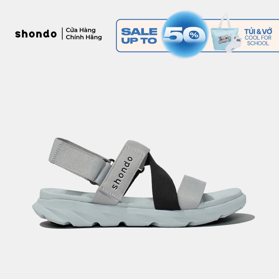 Giày Sandal Unisex Shondo F6 Êm Nhẹ Dễ Mang Màu Xám Phối Quai Đen F6S2011