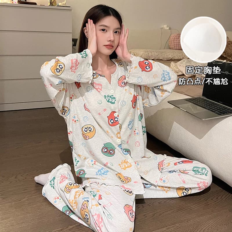 Bộ Đồ Ngủ Phong Cách Mới Có Miếng Lót Ngực Nữ Quần Dài Tay Modal Cardigan Phù Hợp Với Loungewear
