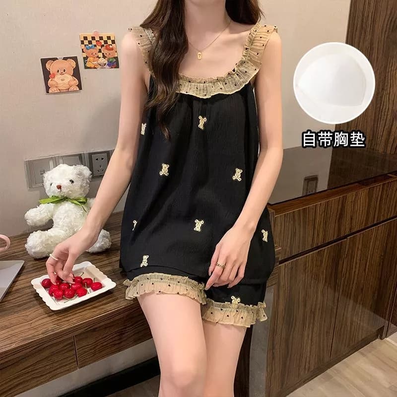 Có Tấm Lót Ngực Bộ Đồ Ngủ Nữ Mây Cotton Nhẹ Thoải Mái Tốt Có Thể Thở Quần Short Suspender Bộ Đồ Ngủ Bộ 2 Món Có Thể Mặc Bên Ngoài Không Có Áo Lót Loun