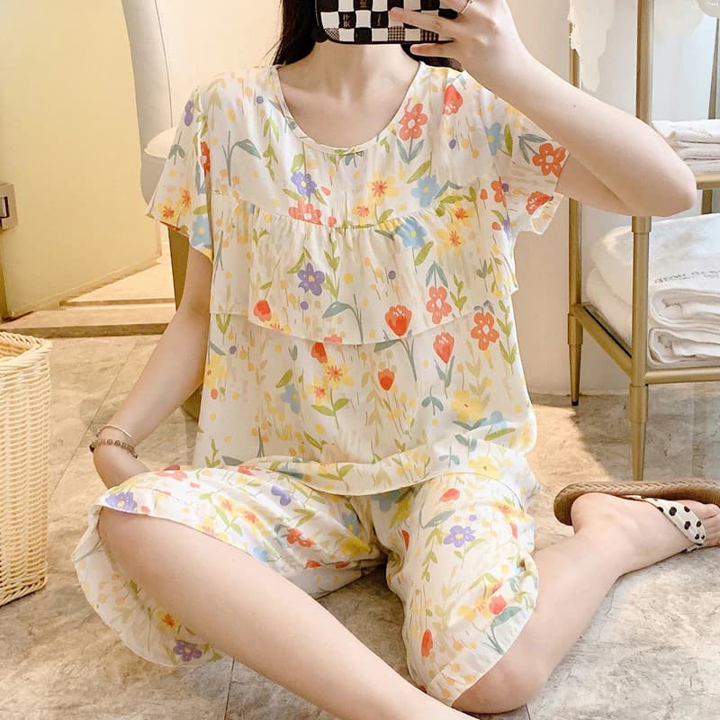 Bộ Đồ Ngủ Nữ Nhẹ Thoải Mái Có Thể Thở Tốt Quần Short Tay Ngắn Bộ Đồ Ngủ Bộ 2 Món Có Thể Mặc Bên Ngoài Nữ Homewear