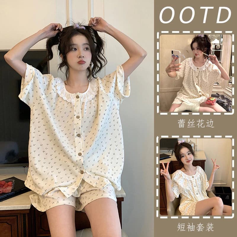 Bộ Đồ Ngủ Nữ Nhẹ Thoải Mái Có Thể Thở Tốt Quần Short Tay Ngắn Cardigan Bộ Đồ Ngủ Bộ 2 Món Có Thể Mặc Ra