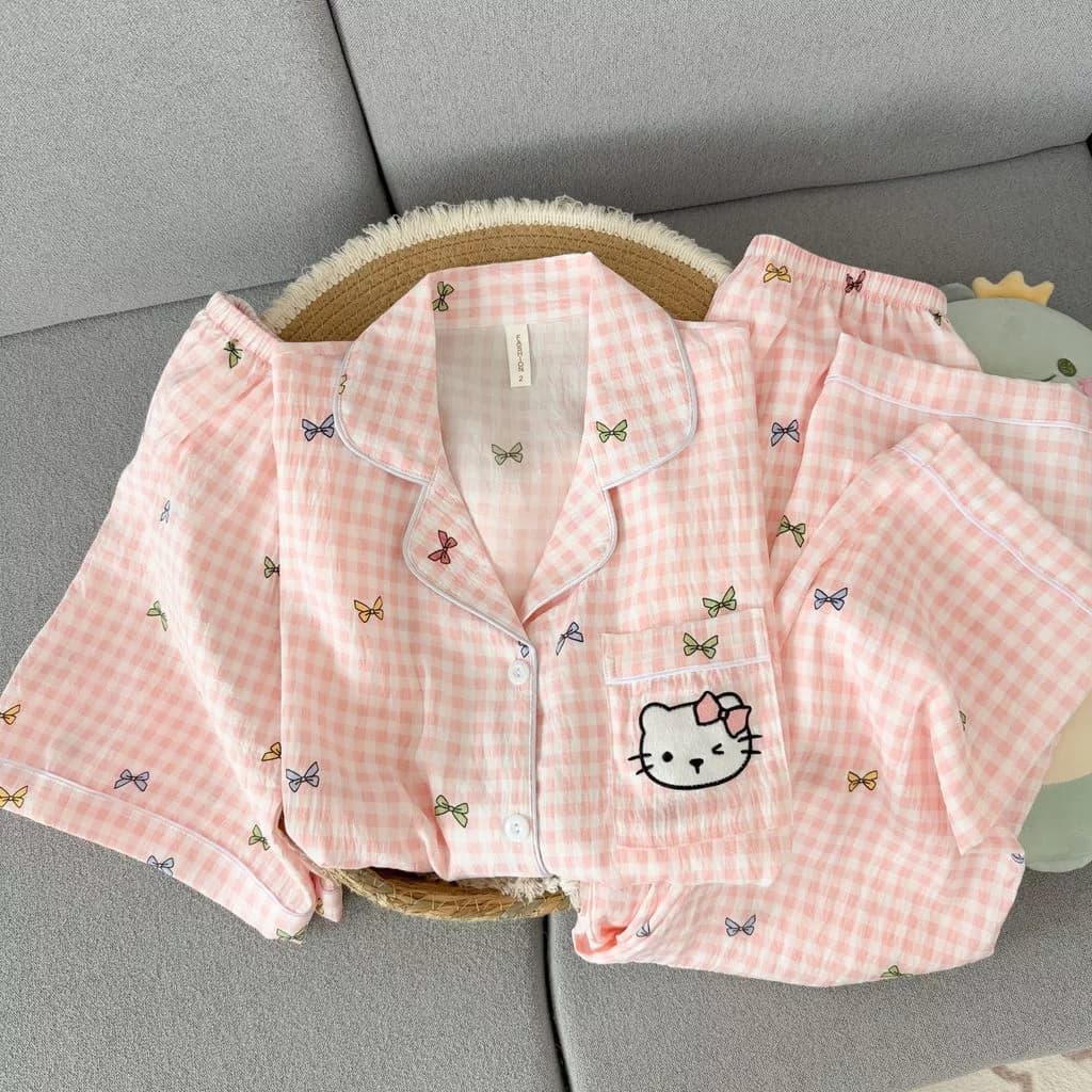 Bộ đồ ngủ nữ 3 món Pijama cotton Mềm mại thoải mái thoáng khí Thêu hoạ tiết dễ thương đồ mặc nhà 351