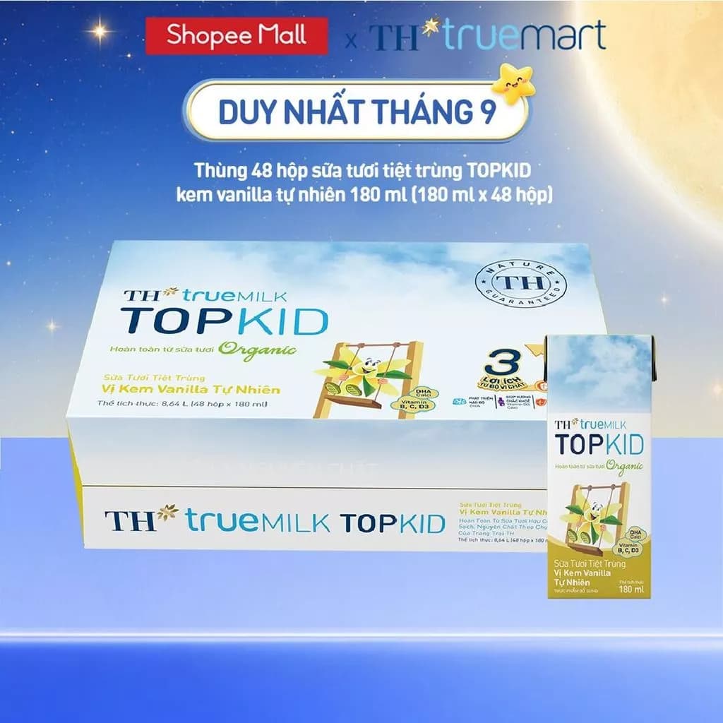 Thùng 48 hộp sữa tươi tiệt trùng TH true MILK TOPKID Organic vị kem vanilla tự nhiên 180ml (180ml x48)